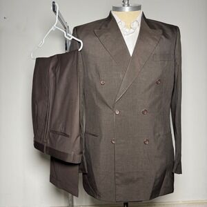David Bios Double Breasted 44L 36W Brown Polyester Suit Jacket Pants Mens